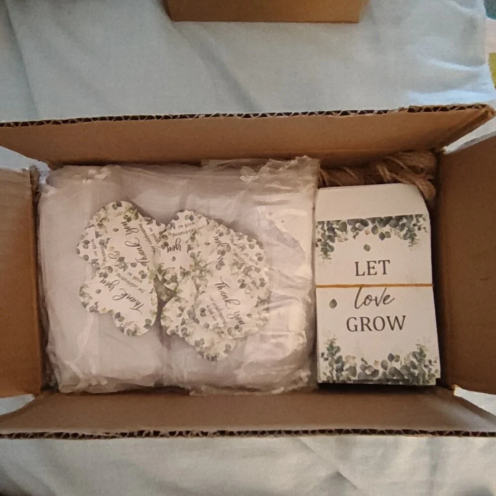 Botanical Wedding Favor Set: White Pots, Cups, Twine, Favor Boxes, Tags, Bags